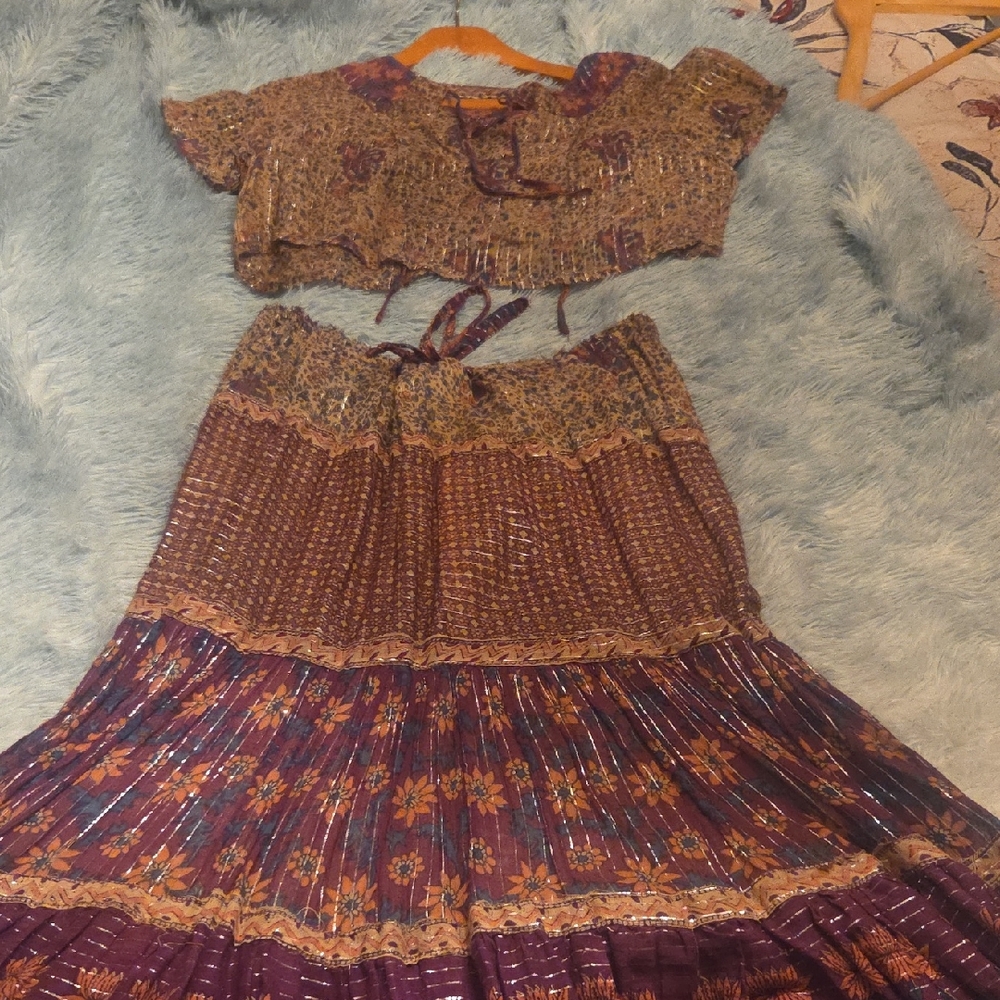 Gypsy/bohemian Floral A-Line Skirt  and Crop Blouse - Purple and Brown